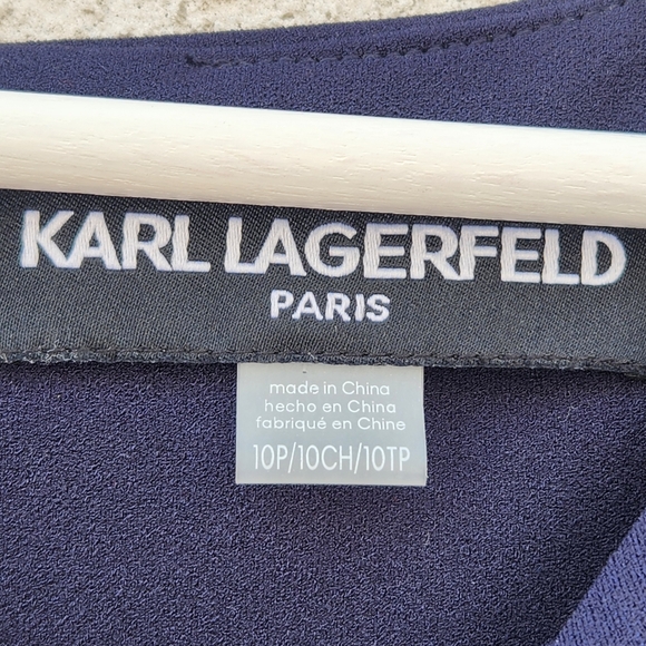 KARL LAGERFELD Women's Crepe Dress Size 10 Petite Navy Tulip Bell Sleeve - Picture 5 of 10